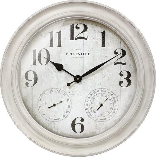 Presentime & Co. 26" Clifton in/Outdoor Farmhouse Clock with Thermometer & Hygrometer as All in One Weather Station, Farmhouse Wall Art and Timepiece for Home Decoration, Weathered White Finish
