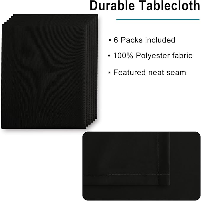 Hiasan 6 Pack Black Tablecloth 54 x 80 Inch, Rectangle 4 Feet Table Cloth - Waterproof and Wrinklr Resistant Washable Polyester Fabric Table Cloth for Dining Room and Outdoor Use