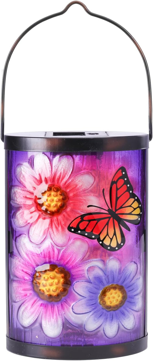 Hanging Solar Lantern Outdoor Waterproof Flowers Butterfly Solar Lights Glass Tabletop Decorative Lamp for Outdoor Patio Garden Outside Yard Decor