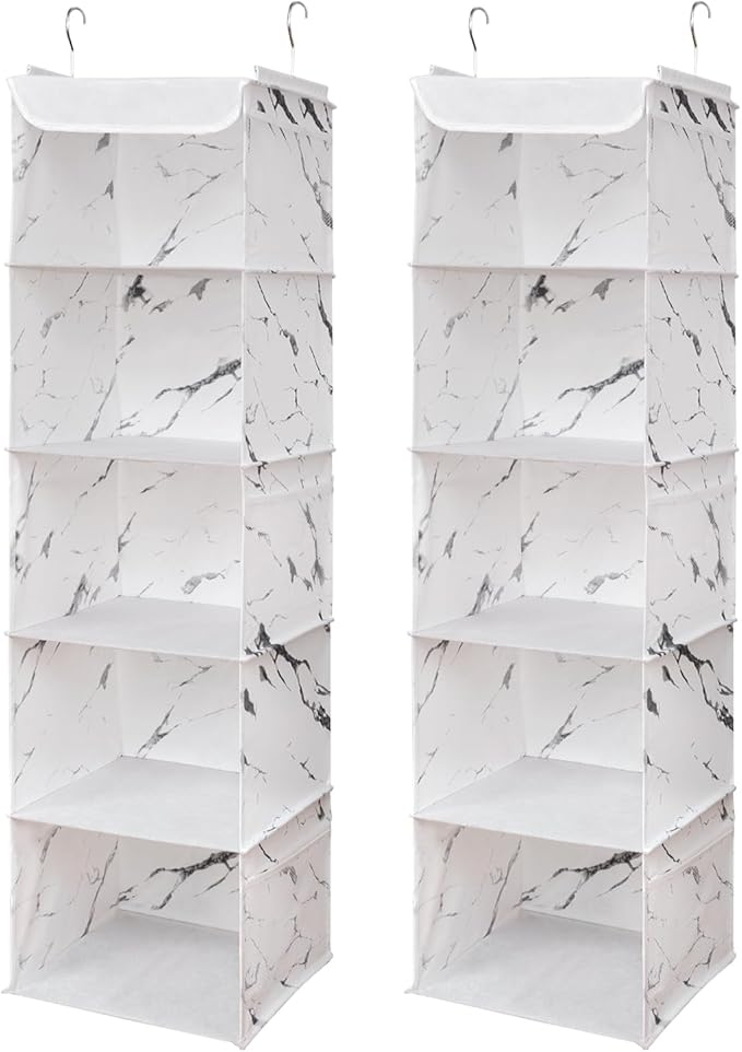 5 Shelves Hanging Closet Organizer, 2 Pack Hanging Storage with 6 Side Pockets for Clothes Shoes, 43"x12"x12"(Marblizing)