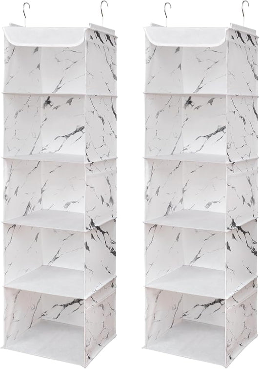 5 Shelves Hanging Closet Organizer, 2 Pack Hanging Storage with 6 Side Pockets for Clothes Shoes, 43"x12"x12"(Marblizing)