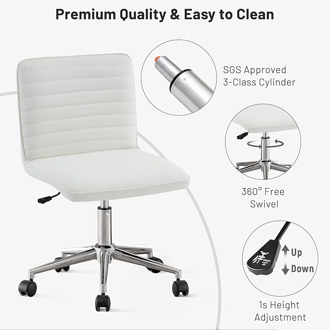 Furniliving PU Leather Home Office Chair, Armless Computer Desk Chair with 360° Swivel Wheels Adjustable Height Comfy Chrome Legs for Living Room Bedroom, Vanity, Office, Ivory White