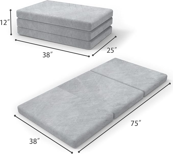SINWEEK Tri-Folding Mattress Foam Topper 38 x 75 x 4 Inch Folding Pad with Removable Cover