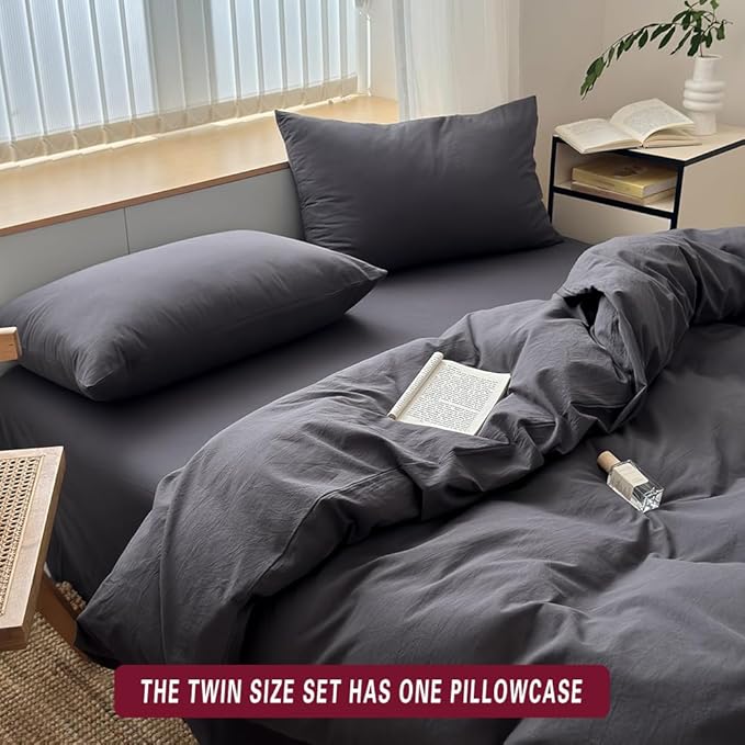 FACE TWO FACE Bedding Duvet Cover Set100% Washed Cotton Duvet Cover Linen Like Textured Breathable Durable Soft Comfy (Twin, Volcanic Black)