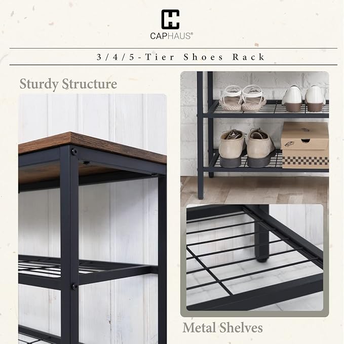 CAPHAUS 3-Tier Shoe Rack for Entryway, Mudroom Shoe Bench, Small Shoe Rack, Metal Shoe Shelf with Wood Board, Industrial Shoe Storage Table for Hallway, Living Room, Bedroom, Closet, Rustic Oak