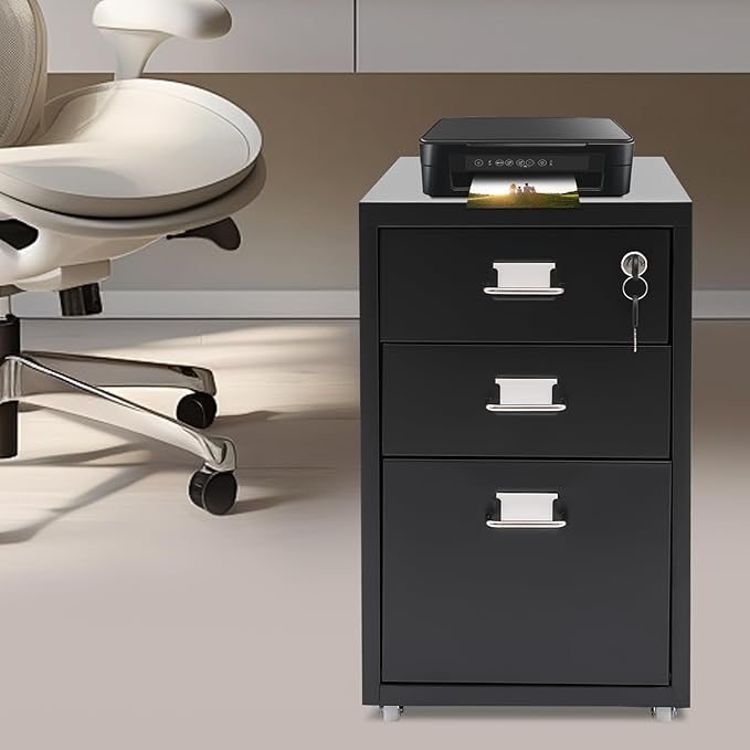 3 Drawer Rolling File Cabinet with Lock, 11 x 16 x 18.3in Filing Cabinet with Wheels, Wood Under Desk Office Storage Cabinet fits A4, Letter Sized Documents for Home Office (Black)