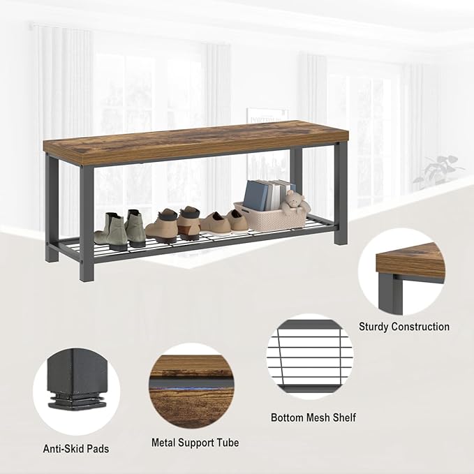 EXCEFUR Entryway Bench, Modern Wood and Metal Storage Bench for Hallway Front Door Entrance, Industrial Indoor Shoe Rack Bench Seat for Living Room Bedroom, 43.3 Inch Rustic Brown