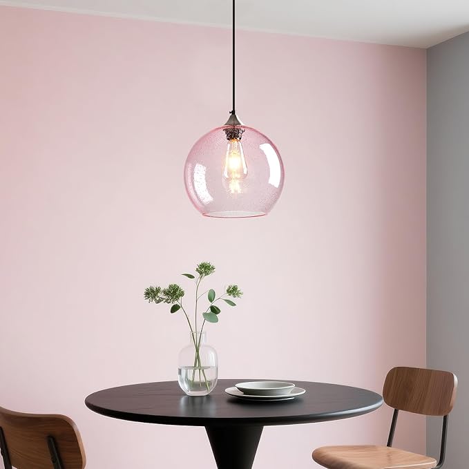 Pink Glass Pendant Lights Kitchen Island Globe Pendant Light Fixtures Modern Pendant Lighting for Bedroom Living Dining Room Light Fixture (9.84 in, 2 Pack)