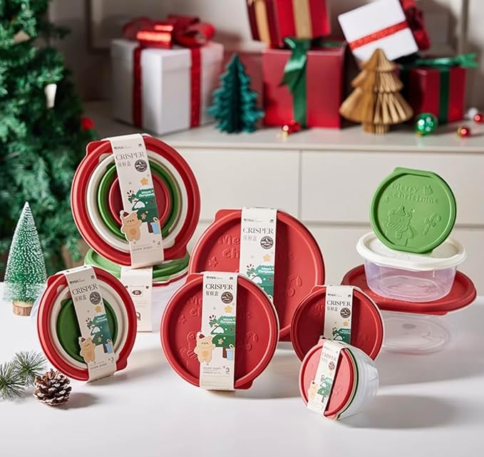 Plastic Food Storage Container Set, 4 Containers with Lids, Assorted Colors (ROUND HOLIDAY CHEER)