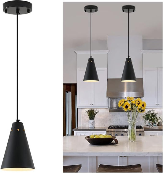 Black Pendant Light for Kitchen light fixtures,Small Modern Industrial Chandeliers with Cone Metal Shade,Mini Adjustable Cord Hanging Lighting Fixtures for Over island,Bar,Dining Room.(1 Pack)