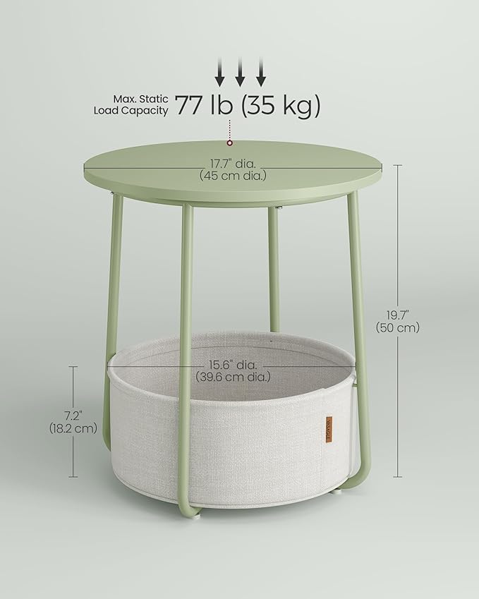 VASAGLE Small Round Side End Table, Modern Nightstand with Fabric Basket, Laurel Green and Cream White ULET223C69