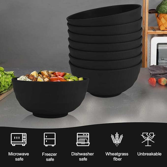 Homienly 60 OZ Salad Bowls,Large Soup Bowls Set of 8,Wheat Straw Bowl Sets,Unbreakable Large Serving Bowls,Big Cereal Bowl for Kitchen, Salad, Soup, Microwave and Dishwasher Safe Bowl - Black