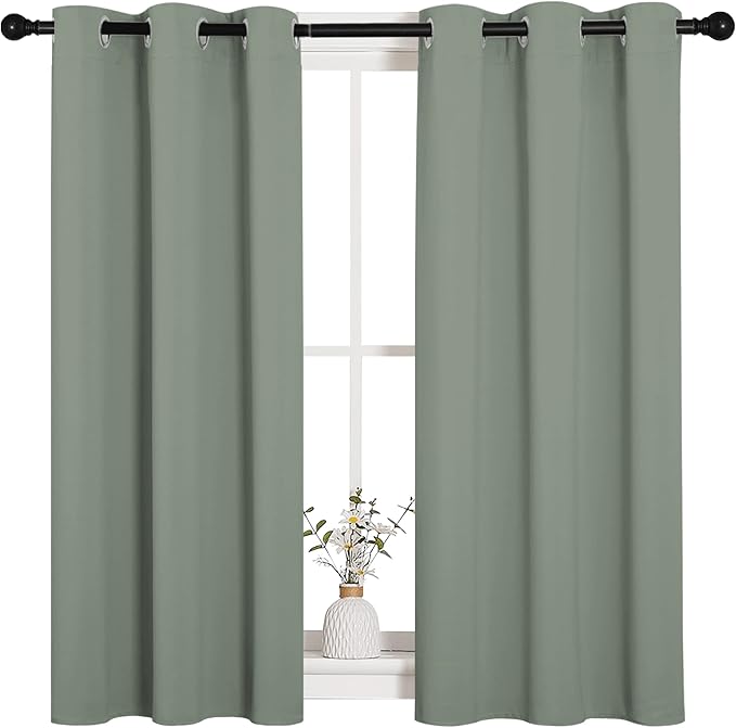 NICETOWN Bedroom Curtain Panels Blackout Draperies, Thermal Insulated Solid Grommet Blackout Curtains/Drapes (Greyish Green, 1 Pair, 34 by 45-inch)