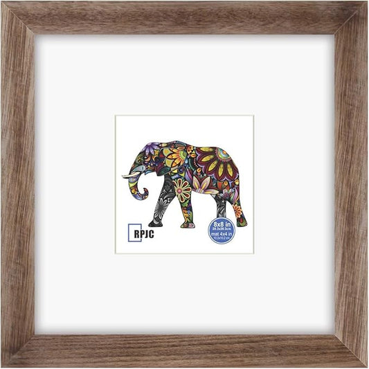 RPJC 8x8 Soild Wood Picture Frame with High Definition Glass Display Pictures 4x4 with Mat or 8x8 Without Mat for Wall Mounting Hanging Carbonized