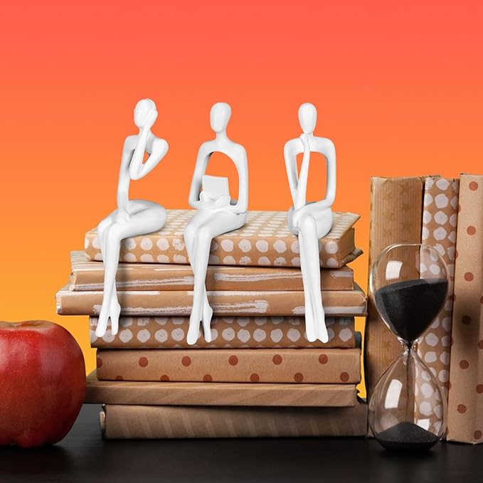 Thinker Statue Gold Decor Abstract Art Sculpture, Golden Resin Collectible Figurines for Home Living Room Office Shelf Decoration,Great Gifts Ideas (Sitting Posture-White)