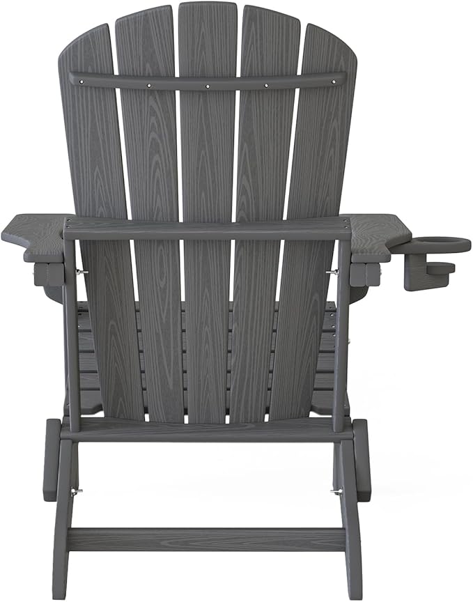 Plawdlik Folding Adirondack Chair, SGS Tested, Wooden Textured with Cup Holder, Heavy All-Weather HDPE Comfortable Set Poolside Backyard Lawn Grey Set 2