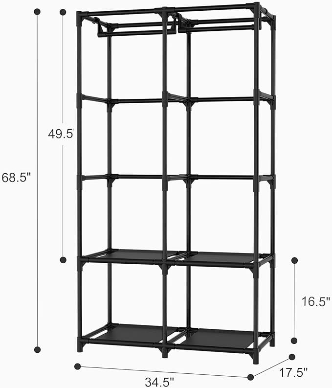 Portable Closet for Hanging Clothes, Portable Wardrobe Closet with Cover, 4 Storage Shelves, 2 Hanging Rods and 8 Side Pockets, Easy Assembly and Sturdy Free Standing Closet for Bedroom, Black