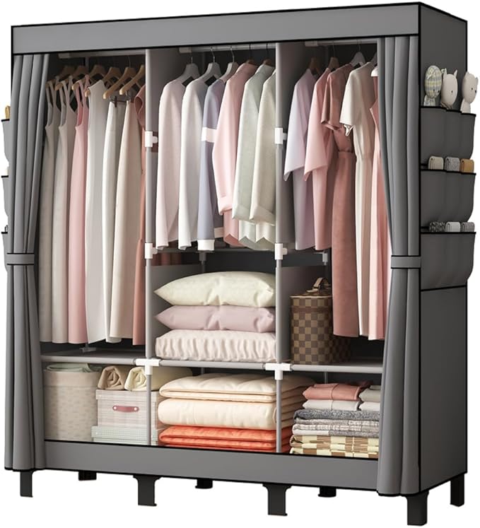 Portable Closet, Clothes Storage Box, Simple Wardrobe for Hanging Clothes, Multiple Shelves and 3 booms,6 Side Pockets (Grey) (Grey, Large)