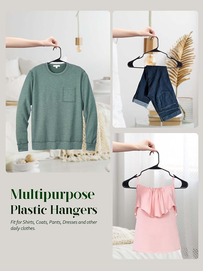 Cozymood Plastic Notched Hangers 20 Pack, Space Saving Tubular Clothes Hangers Black, Slim Non-Slip Heavy Duty Plastic Hanger for Everyday Use, Standard Closet Hanger for Shirts, Coat, Dress, Skirts