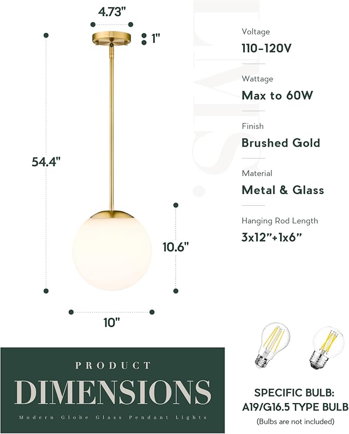 LMS 10 Inch Globe Pendant Lights, Brushed Gold Mid Century Kitchen Island Light Fixtures with White Globe Glass Shade, Adjustable Hanging Rod, Dining Room Kitchen, LMS-186PL-BGW-10