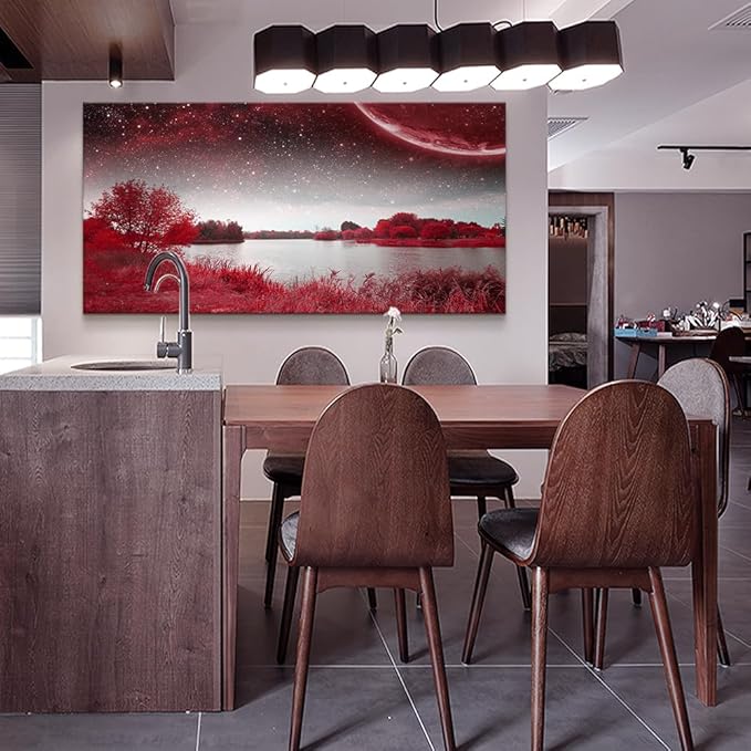 Print Artwork Wall Art Decor Poster For Living Room Red Tree Moon Starry Sky Red Landscape Painting Bathroom Wall Art For Bedroom Canvas Prints Picture Works Ready To Hang Office Home Decorations