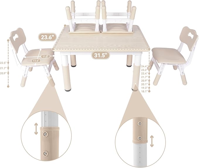 Height-Adjustable Kids Table and 4 Chairs Set, Toddler Table and Chair Set with Graffiti Desktop, 31.5''L x 23.6''W Children Activity Table for Daycare, Classroom, Home
