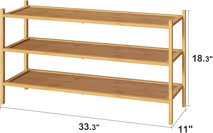 Long Shoe Rack, Bamboo Wood 3-Tier Shoe Rack for Entryway, Stackable | Foldable | Natural, Shoe Organizer for Hallway Closet, Free Standing Shoe Racks for Indoor Outdoor