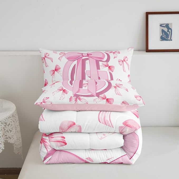 jejeloiu Kids Girls Cute Pink Bow Comforter Set Full Size Monogrammed Bedding Set Ultra Soft Personalized Initial G Duvet Quilt Coquette Bow Knot Quilt Set Room Decor Modern Fashion Comforter