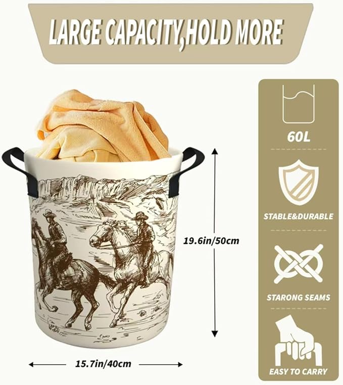 Western Cowboy Desert Riding Cute Kids Laundry Basket Baby Nursery Hamper Western Room Decor Foldable Oxford Cloth Funny Tote Clothes Storage Bucket Toy Organizer For Bedroom, Bathroom Teen Girls Boy