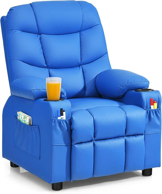 Kids Recliner, Kids Recliner Chair w/ 2 Cup Holders, PU Leather Kids Chairs Compy w/Adjustable Backrest & 3 Pockets, Toddler Furniture Sofa for Boys Girls Aged 3+ (Blue)