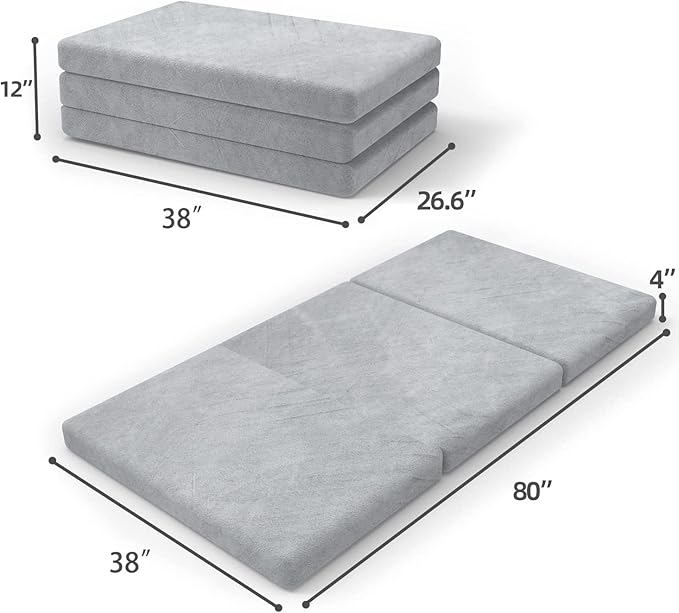 SINWEEK Tri Folding Mattress Foam Topper 4" Thickness Floor Cot Mattress, Guset Bed with Removable&Machine Washable Cover and Lining, CertiPUR-US Certified 38 x 80 Inch