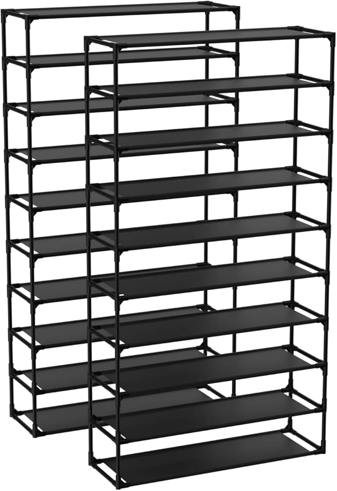 TY ARTS & CULTURE 2 Pack 10-Tiers Shoe Rack Organizer, Sturdy Metal Pipes & Durable Non-Woven Fabric, Space Saving Tall Shoe Shelf Hold 80-100 Pairs, Shoe Racks for Entryway (Black)
