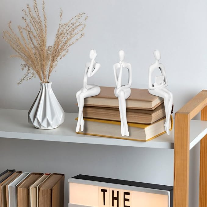 Thinker Statue Gold Decor Abstract Art Sculpture, Golden Resin Collectible Figurines for Home Living Room Office Shelf Decoration,Great Gifts Ideas (Sitting Posture-White)