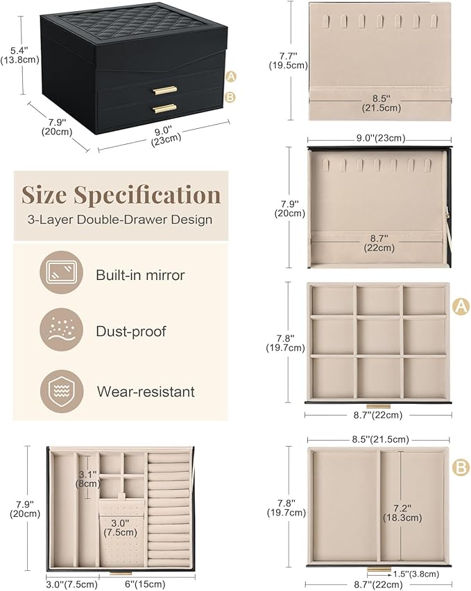 Amearea Jewelry Box Organizer for Women Girls with Mirror, 3-Layer Large Jewelry Storage Case, Synthetic Leather Jewelry Holder Organizer with Removable Tray for Necklaces Earrings Rings, Black