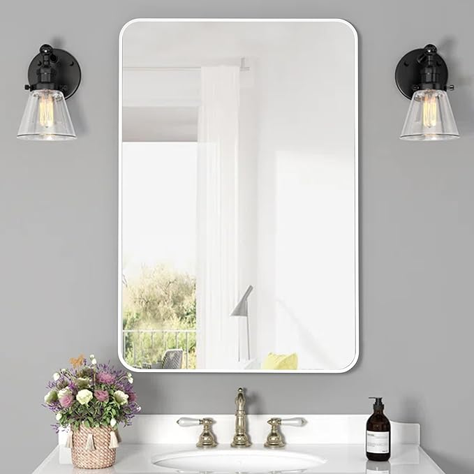 24x36 Inch White Framed Mirror for Bathroom, Rounded Coner Rectangle Mirrors for Wall with Tempered Glass Anti-Rust, Shatterproof Mirror (Horizontal/Vertical Hanging)
