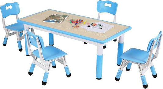 Arlopu Kids Table and 4 Chair Set, Height Adjustable Toddler Table and Chair Set, Non-Slip Legs, Graffiti Desktop, Large Children Activity Table, Reading Daycare Classroom Home (Blue)