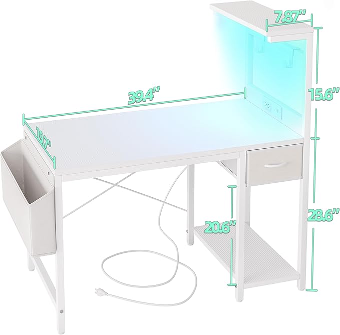 TIQLAB Gaming Desk 40 inch with Power Outlet and LED Light, Computer Desk with Reversible Shelves and Storage Drawer, Small PC Desk for Home Office Table with Bag, Carbon Fiber White