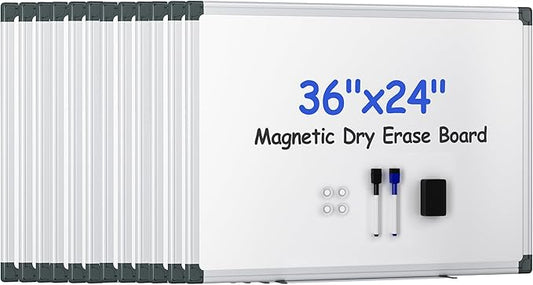 VUSIGN 12PCS Magnetic White Board Kit for Wall 36" x 24", 12 Dry Eraser & 24 Multicolor Markers & 48 Magnetic Pins, Sliver Reinforced Aluminum Frame for Home, School, Office