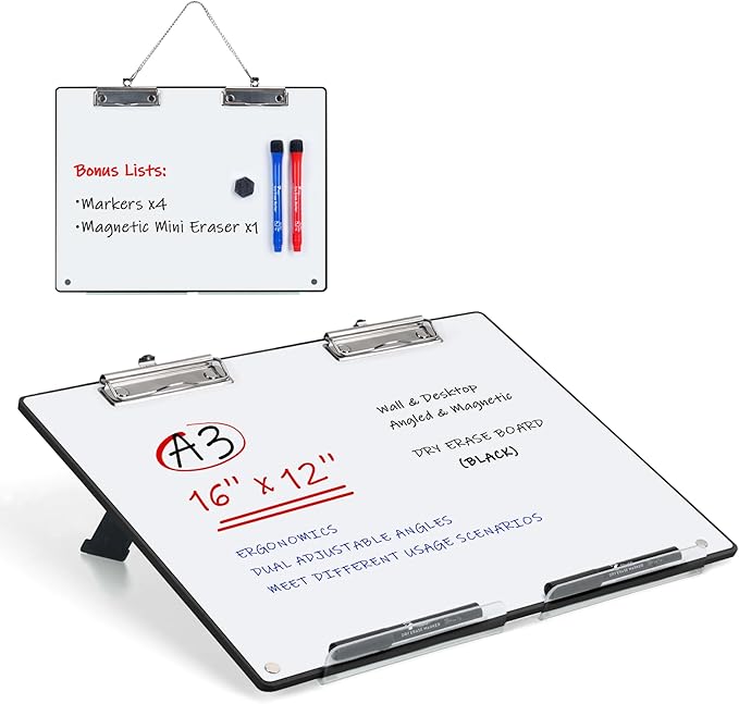 Large A3 Writing Easel Desk Adjustable Dry Erase, Keyboard Stand for Desk, Learning Portable Clipboard Magnetic, White Board Dry Erase Wall Hangable, Slant 13°/18° for teachers & Students, Black Frame
