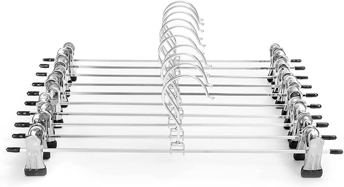 Pants & Skirt Hangers with Adjustable Non-Slip Clips - Space Saving Metal Hangers for Coats, Garments & Jeans - 10 Pack