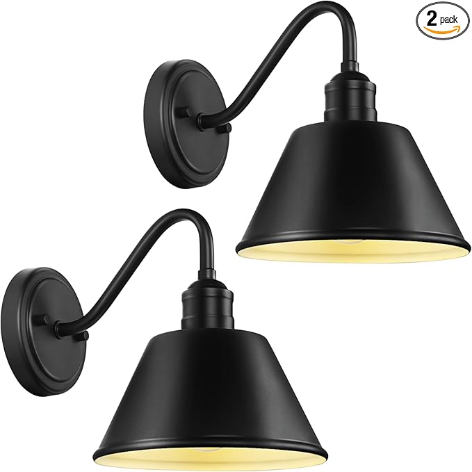 2-Pack Gooseneck Outdoor Light Fixtures, Outdoor Wall Sconces, Farmhouse Barn Light for Porch, Matte Black Iron Wall Light, Waterproof & Anti-Rust, Garage, Patio, Garden, E26 Base