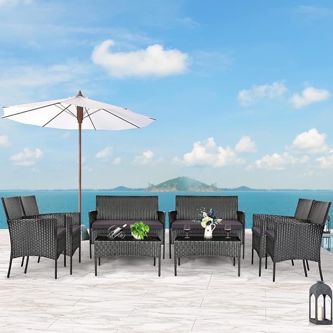 Tangkula 8 Pieces Patio Furniture Set, Outdoor Wicker Conversation Set with Tempered Glass Tabletop, Rattan Sofa and Chairs Set with Off White & Grey Cushion Covers
