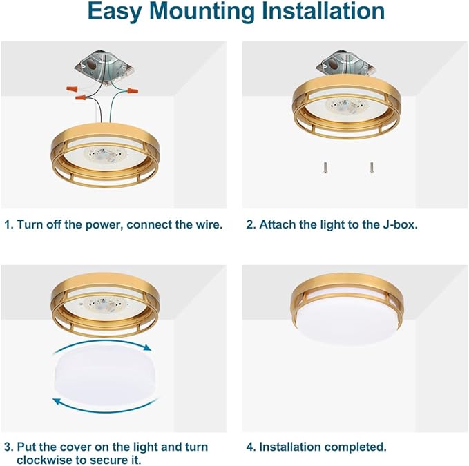 2Pack LED Flush Mount Ceiling Light Fixture 13" 20W, 3000/4000/5000K Color Selectable, Dimmable Ceiling Lamp for Kitchen, Hallway, Stairwell, Gold, ETL