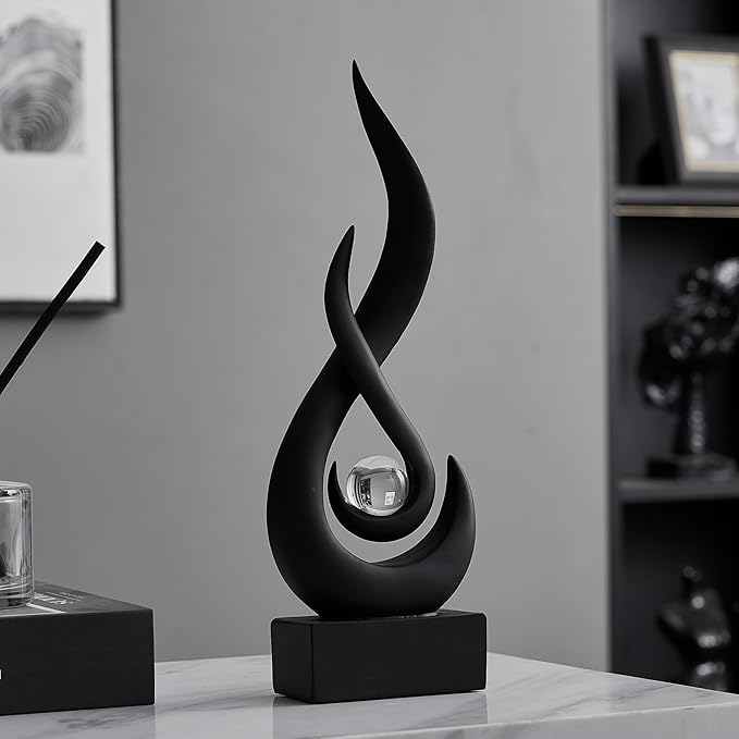 AWNR Abstract Black Sculpture: Flame Statue with Glass Ball Resin Art Figurines - Unique Centerpiece for Modern Home Decor