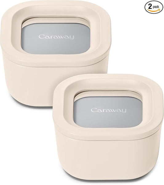 Caraway 2pc Glass Food Storage Set - 1.75 Cup Food Containers (2) - Non-Toxic Ceramic-Coated Glass - Air Release Technology - Compact & Stackable Design - Cream