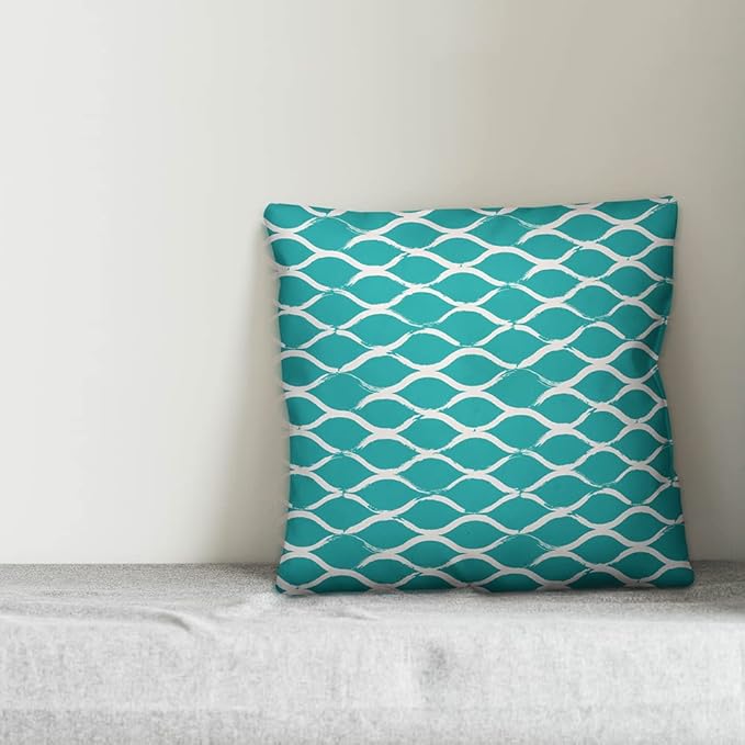 Teal and White Netting Pattern Indoor/Outdoor Pillow | Decorative Pillows for Living Room Couch Bed Sofa Patio, Fluffy Soft Cushion | Water Resistant Teal, 18x18