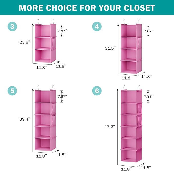 Hanging Closet Organizer, 4-Shelf Closet Hanging Storage Shelves, Light Pink