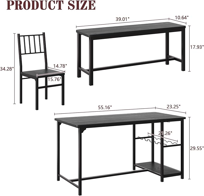 4 EVER WINNER Dining Table Set for 4, 55" Kitchen Table Chairs with 2 Chairs and Bench, 4 Piece Dining Room Table Set with Wine Rack & Wine Glasses Holder for Small Space, Black