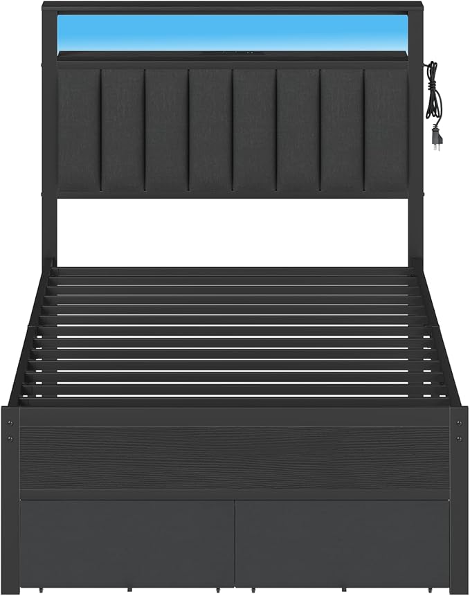 Furnulem Twin Bed Frames with Charging Station and LED Lights, Grey Upholstered Headboard with Shelves, Metal Platform Bed with 2 Under-Bed Storage (Fabric Drawer on Wheels), No Box Spring Needed