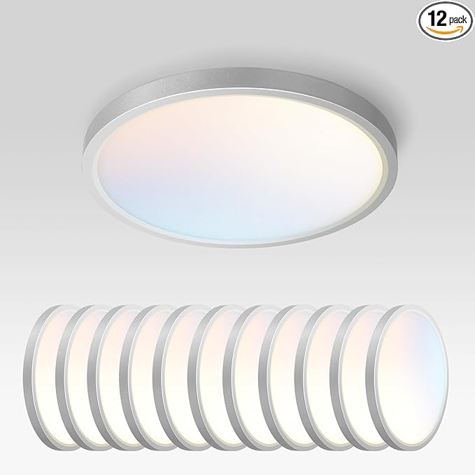 ASD LED 9" Round Flush Mount Ceiling Light Fixture, Low Profile Surface Lighting | 5CCT, Dimmable, Ultra-Thin, ETL Listed | 18W 1660LM 2700-6000K 120V | Kitchen, Hallway Lamp | Nickel, 12 Pack